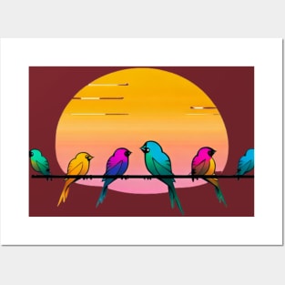 A design featuring a group of colorful birds perched on a wire, with a sunset or sunrise in the background. Posters and Art